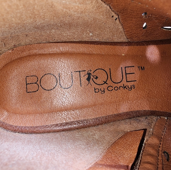 Boutique by Corkys Norwich Cognac Brown Faux Leather Peep Toe Booties Size 8 - Picture 10 of 11